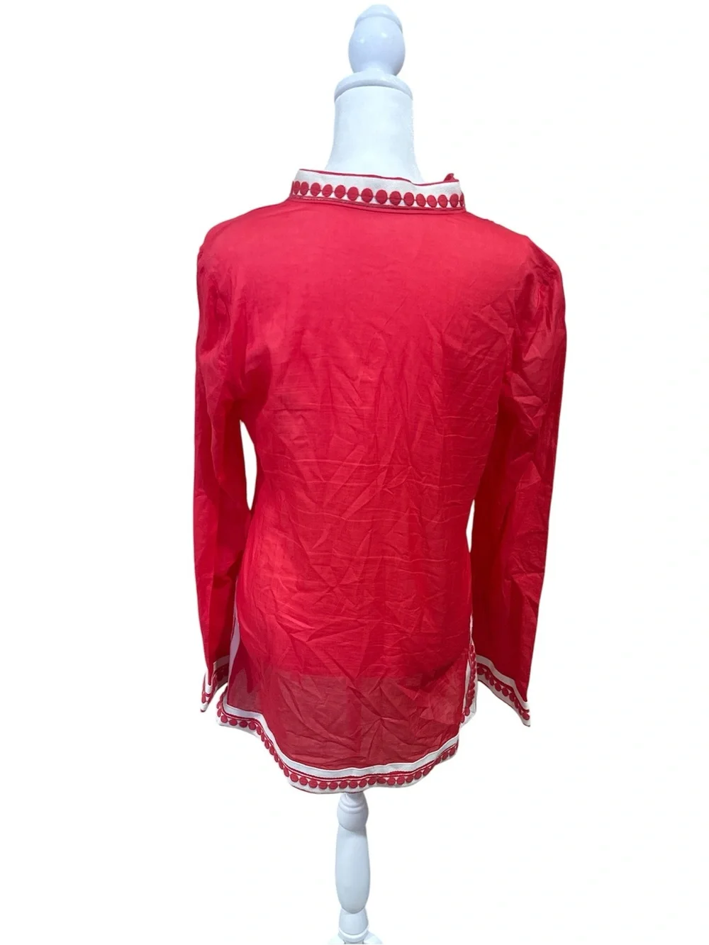Tory Burch Red V-Neck Pom Pom Trim Tunic